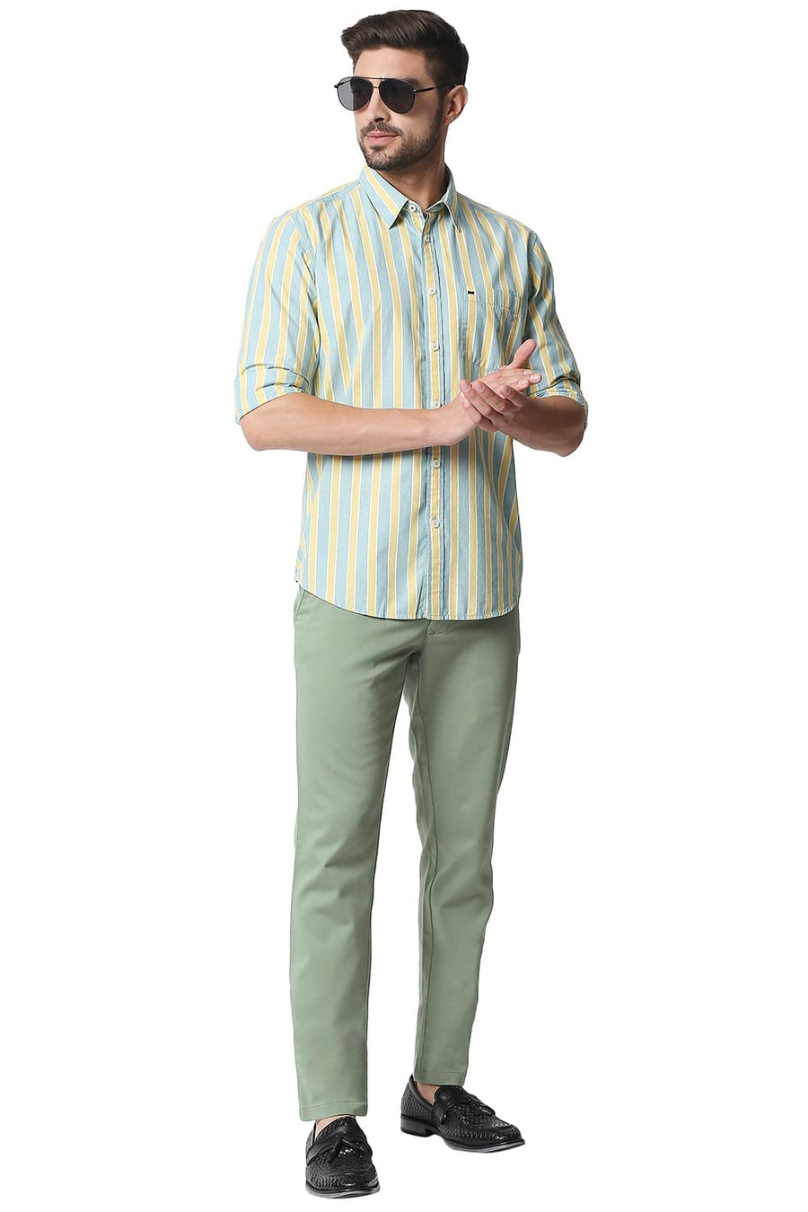 BASICS TAPERED FIT OIL GREEN STRETCH TROUSERS