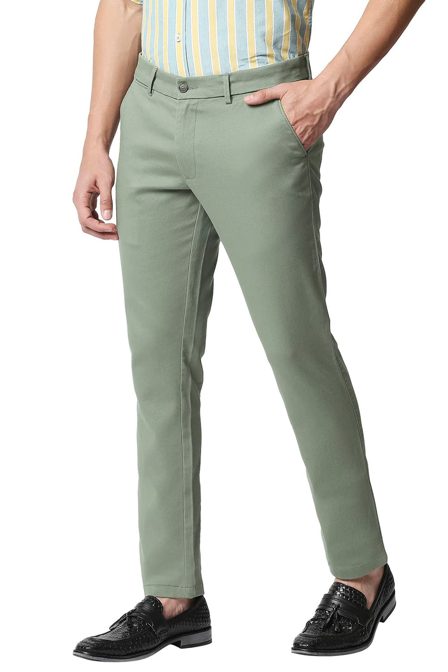 BASICS TAPERED FIT OIL GREEN STRETCH TROUSERS