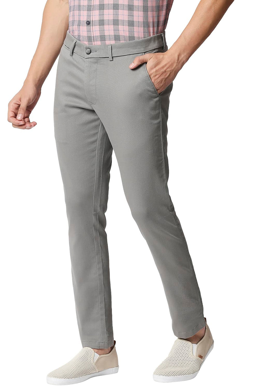 BASICS TAPERED FIT LIMESTONE GREY STRETCH TROUSERS