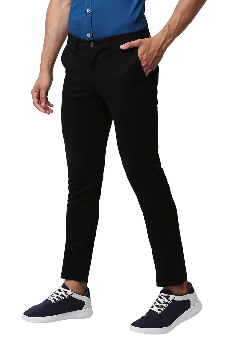 BASICS TAPERED FIT PHANTOM BLACK COTTON STRETCH TROUSERS