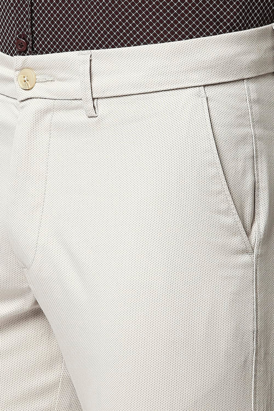 BASICS TAPERED FIT SCROLL GREY STRETCH PRINTED TROUSERS