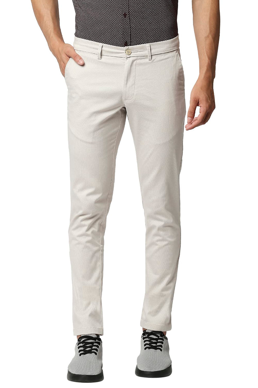BASICS TAPERED FIT SCROLL GREY STRETCH PRINTED TROUSERS