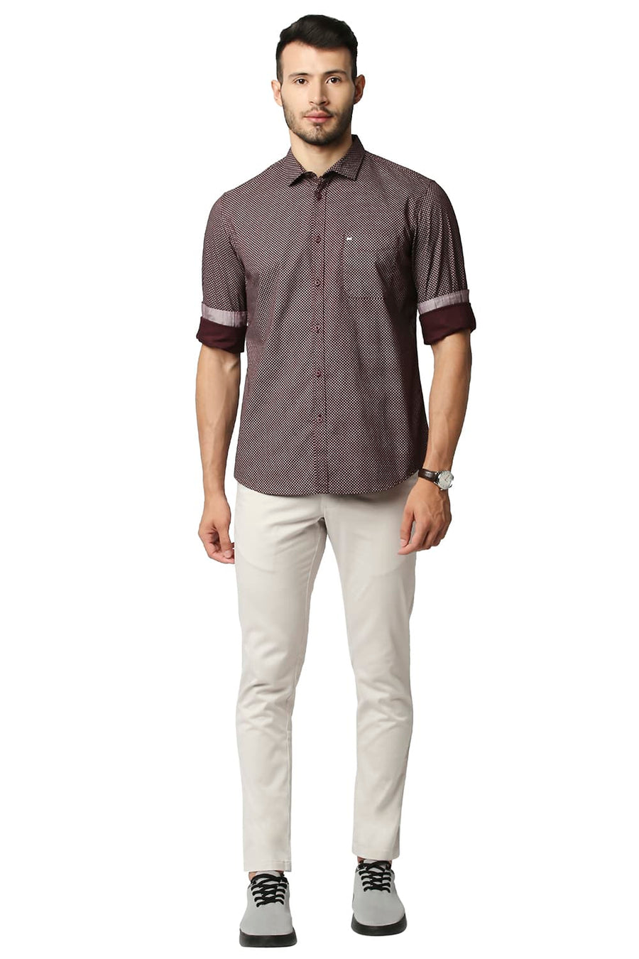 BASICS TAPERED FIT SCROLL GREY STRETCH PRINTED TROUSERS