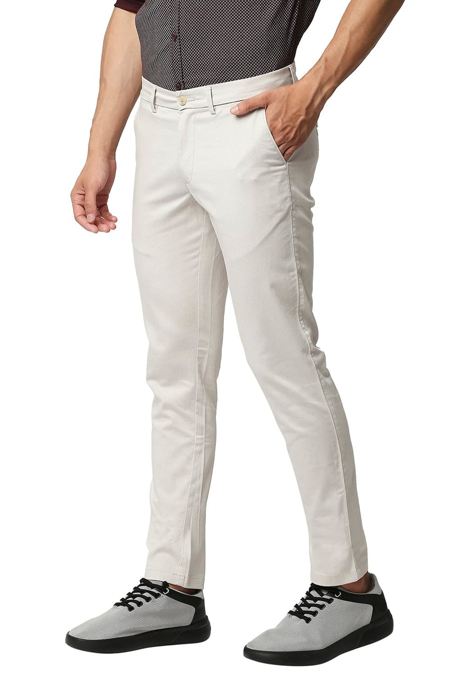 BASICS TAPERED FIT SCROLL GREY STRETCH PRINTED TROUSERS