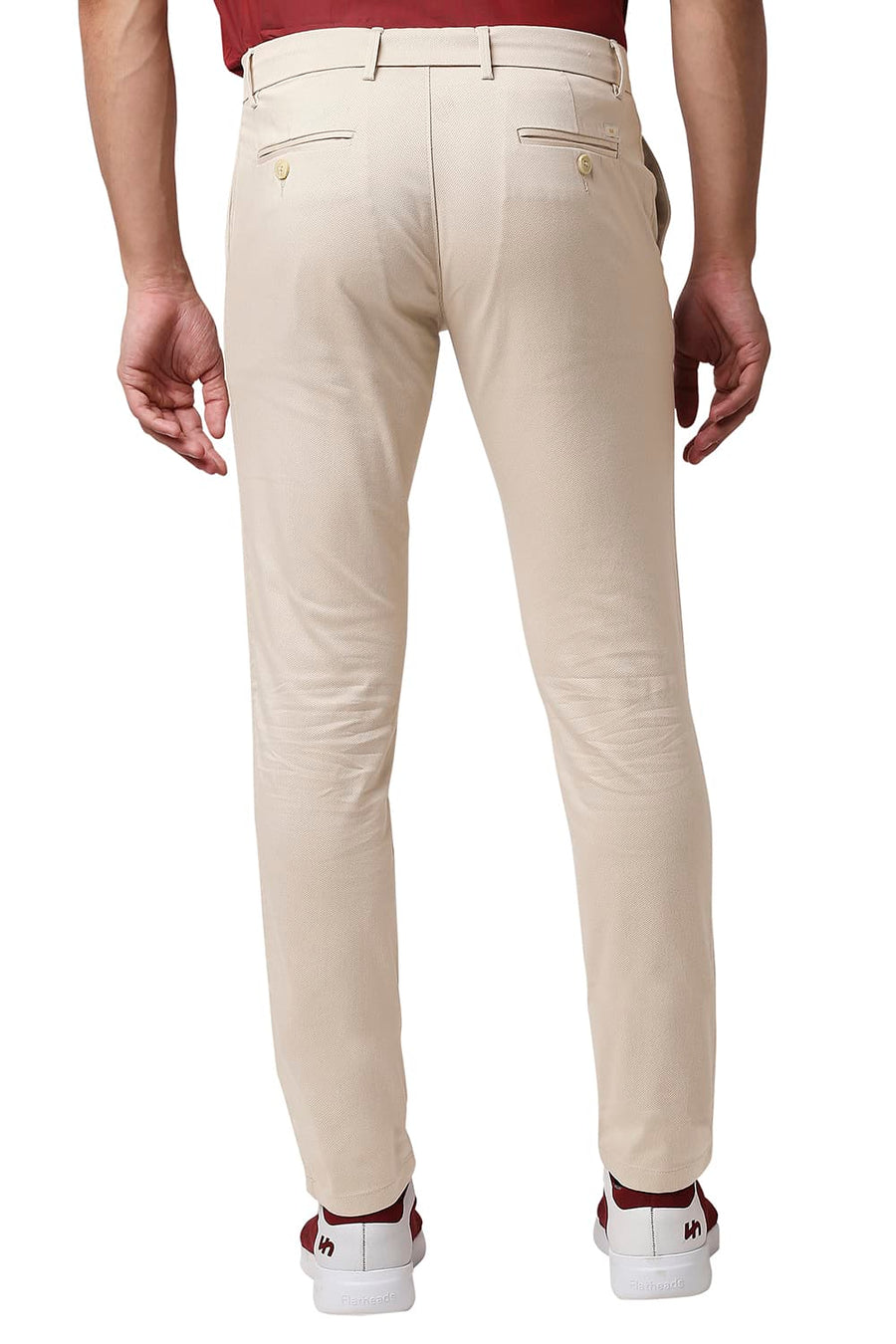 BASICS TAPERED FIT IRISH CREAM BEIGE STRETCH PRINTED TROUSERS