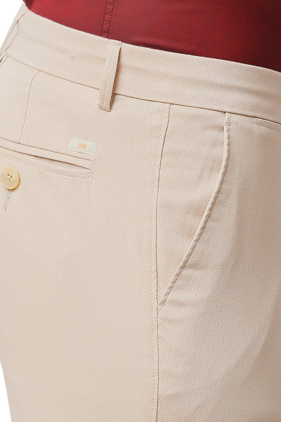 BASICS TAPERED FIT IRISH CREAM BEIGE STRETCH PRINTED TROUSERS