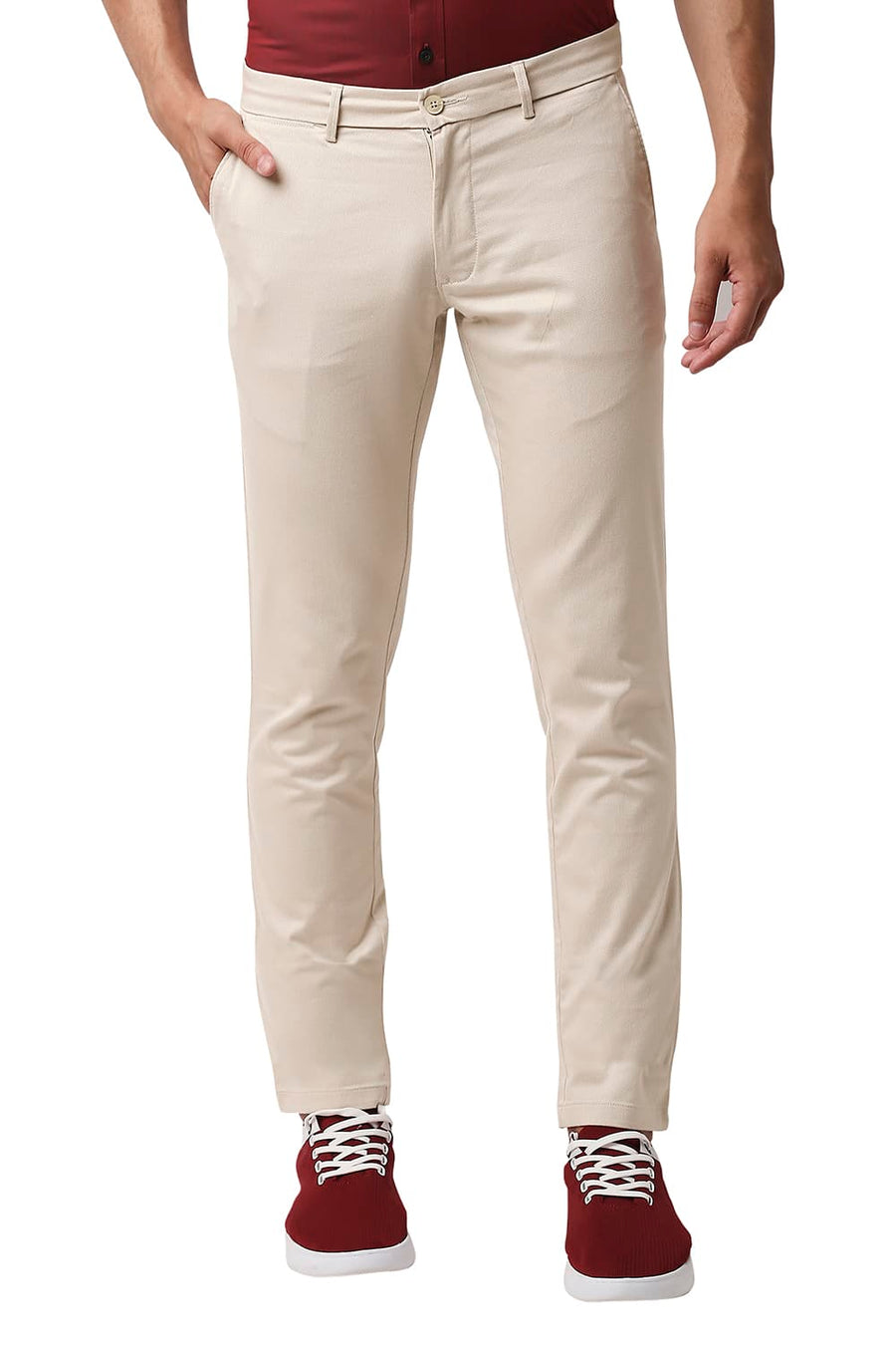 BASICS TAPERED FIT IRISH CREAM BEIGE STRETCH PRINTED TROUSERS