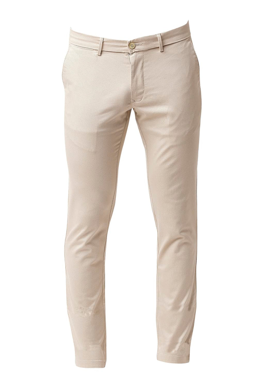 BASICS TAPERED FIT IRISH CREAM BEIGE STRETCH PRINTED TROUSERS