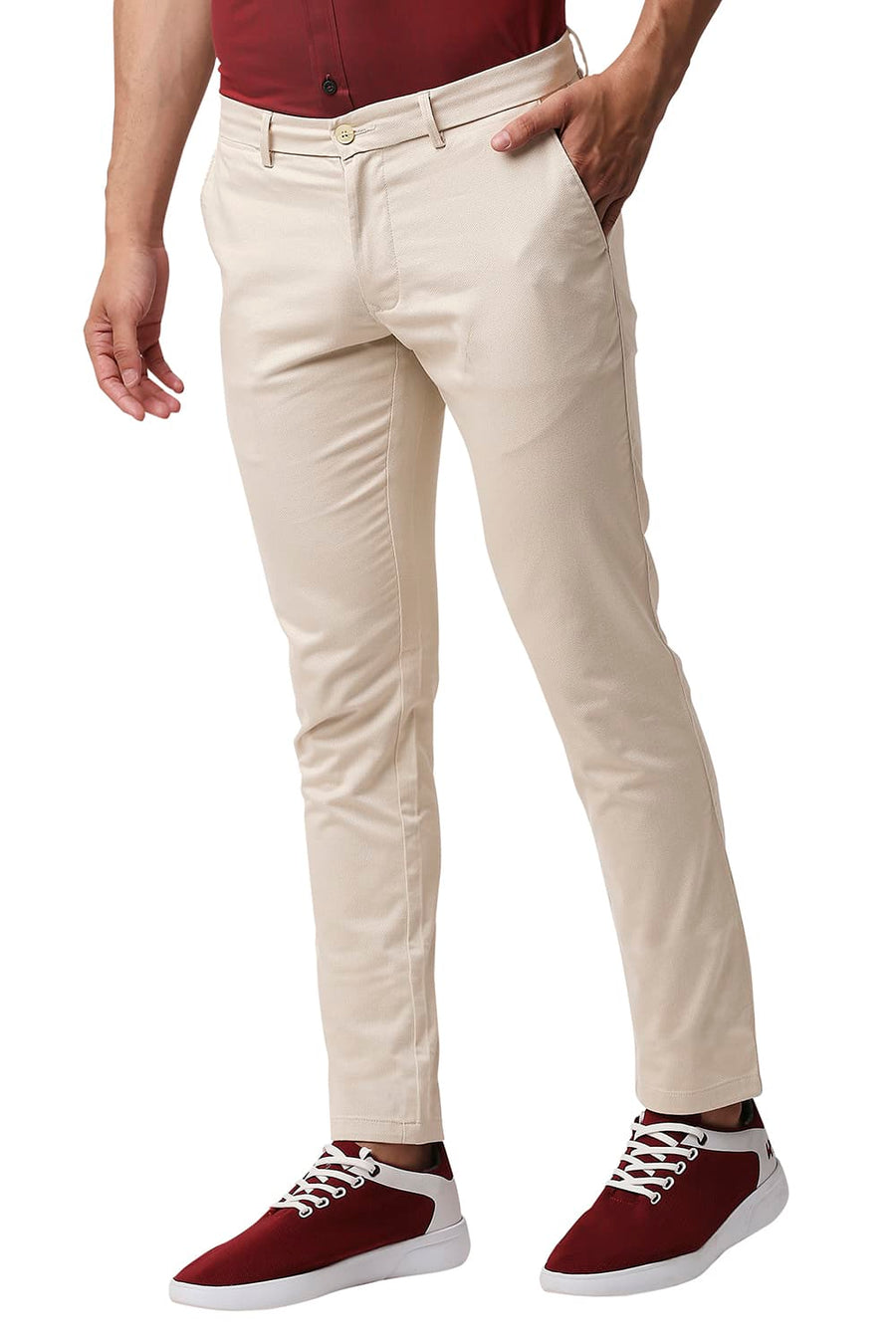 BASICS TAPERED FIT IRISH CREAM BEIGE STRETCH PRINTED TROUSERS