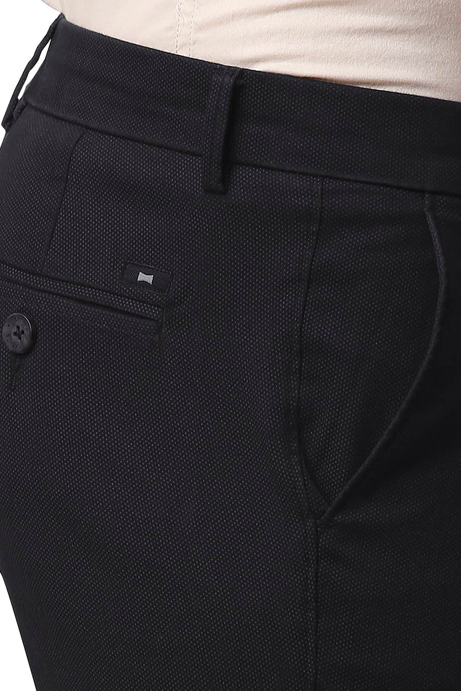 BASICS TAPERED FIT LICORICE BLACK STRETCH PRINTED TROUSERS