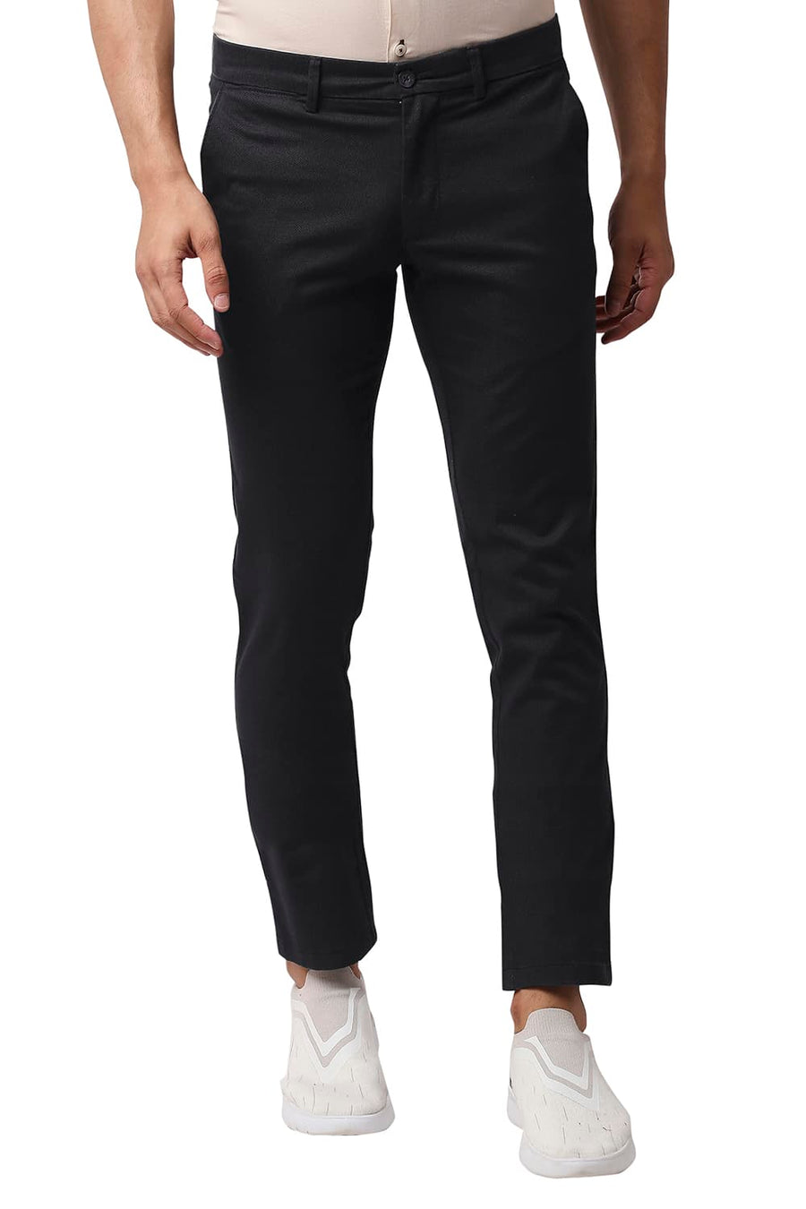 BASICS TAPERED FIT LICORICE BLACK STRETCH PRINTED TROUSERS