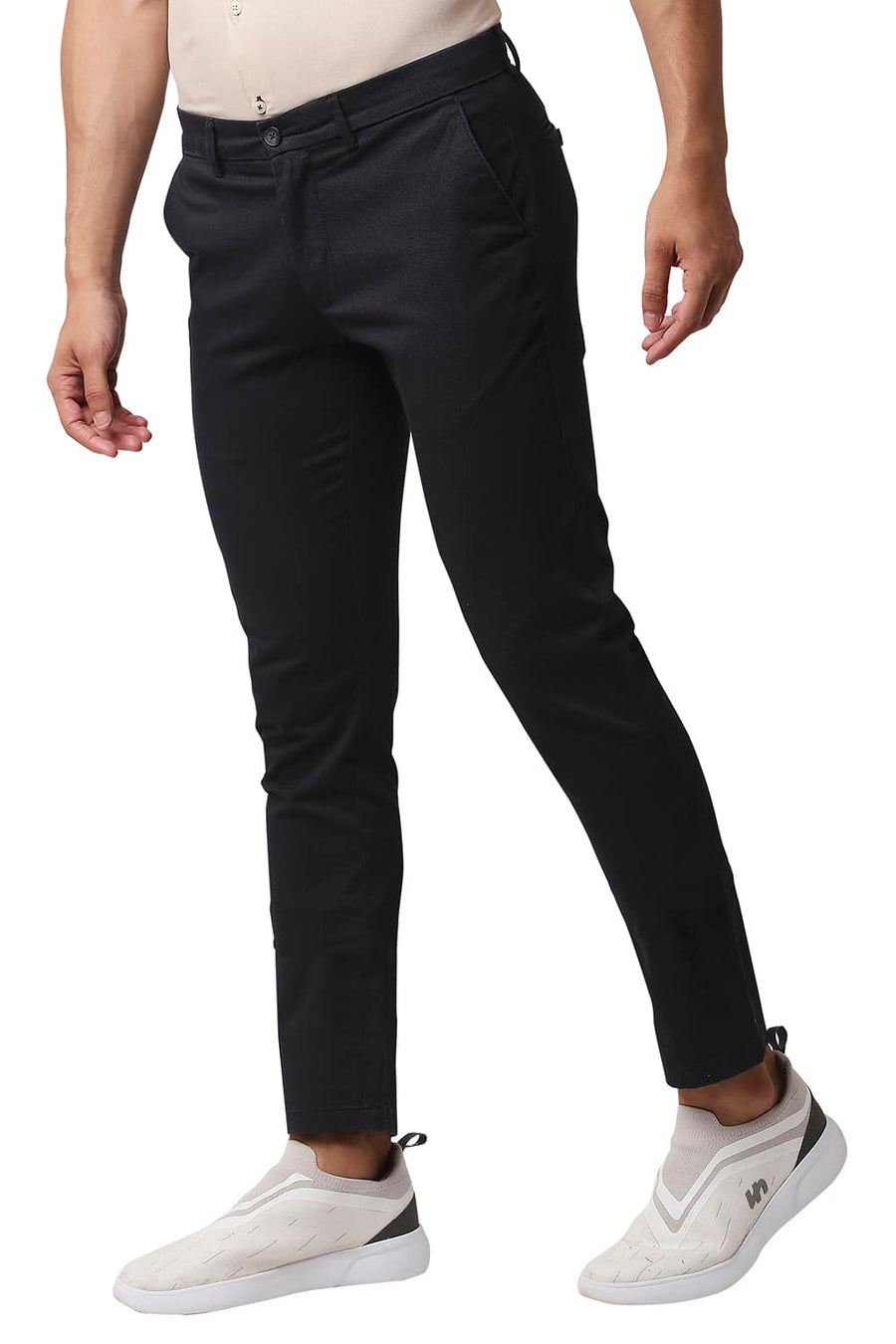 BASICS TAPERED FIT LICORICE BLACK STRETCH PRINTED TROUSERS