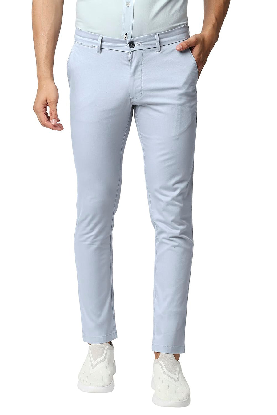 BASICS TAPERED FIT WEATHERVANE BLUE BROKEN TWILL STRETCH TROUSERS