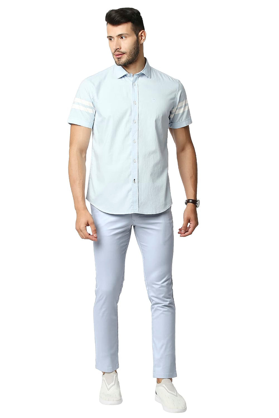 BASICS TAPERED FIT WEATHERVANE BLUE BROKEN TWILL STRETCH TROUSERS
