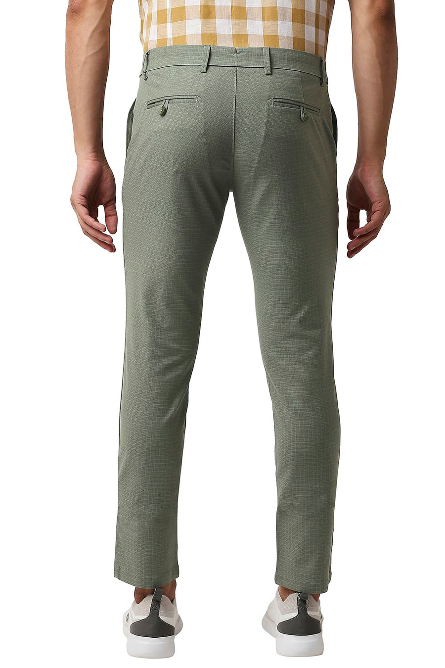 BASICS TAPERED FIT DUSTY OLIVE GREEN STRETCH CHECKS TROUSERS