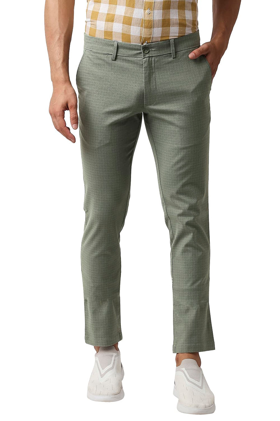BASICS TAPERED FIT DUSTY OLIVE GREEN STRETCH CHECKS TROUSERS