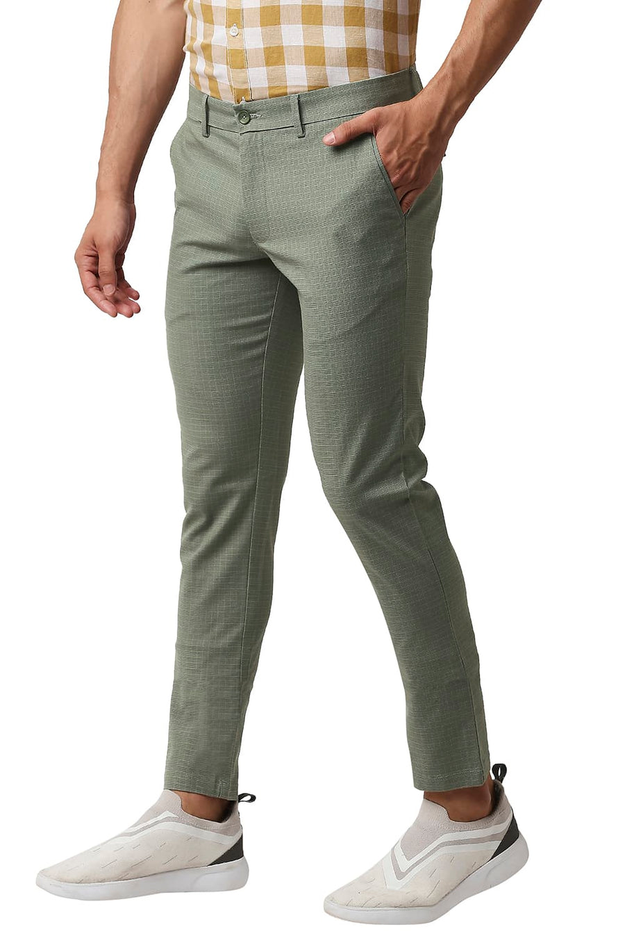 BASICS TAPERED FIT DUSTY OLIVE GREEN STRETCH CHECKS TROUSERS