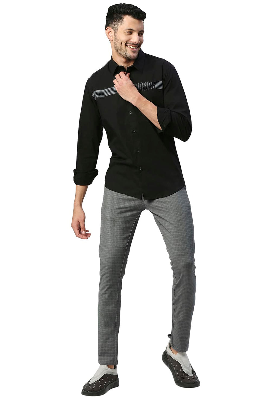BASICS TAPERED FIT GRIFFIN GREY STRETCH CHECKS TROUSERS