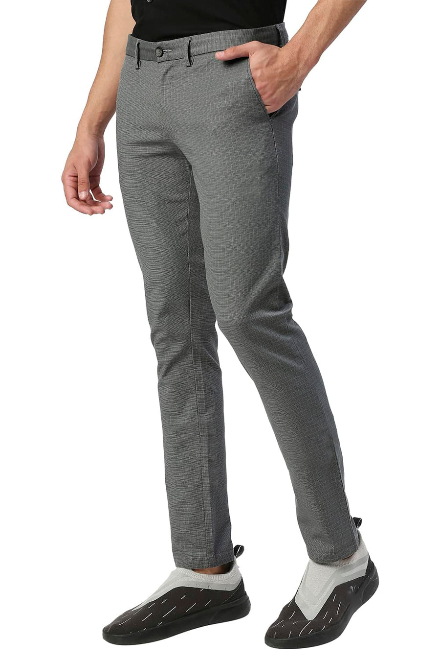 BASICS TAPERED FIT GRIFFIN GREY STRETCH CHECKS TROUSERS
