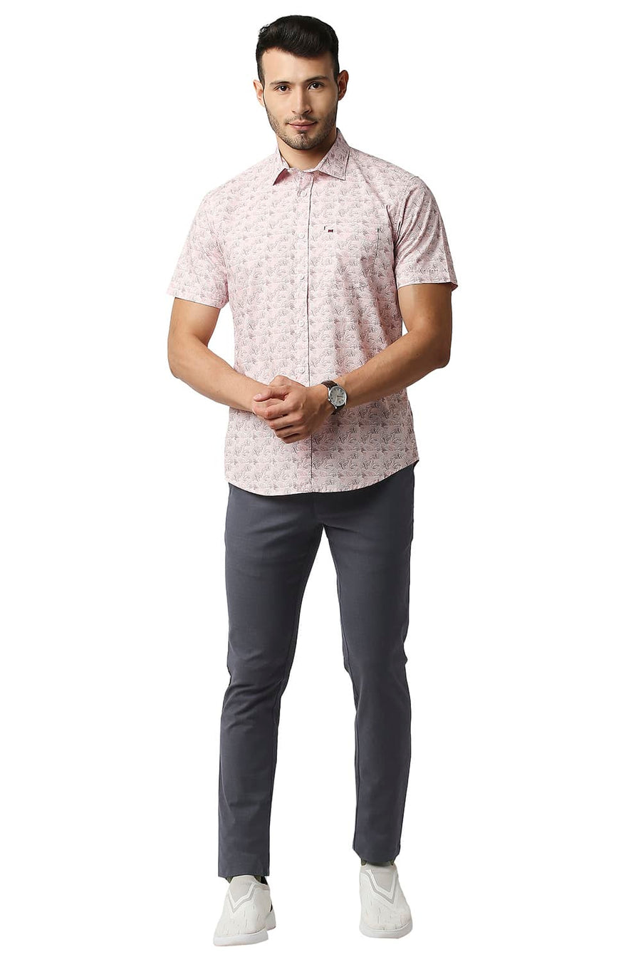 BASICS TAPERED FIT FLINTSTONE BLUE STRETCH CHECKS TROUSERS