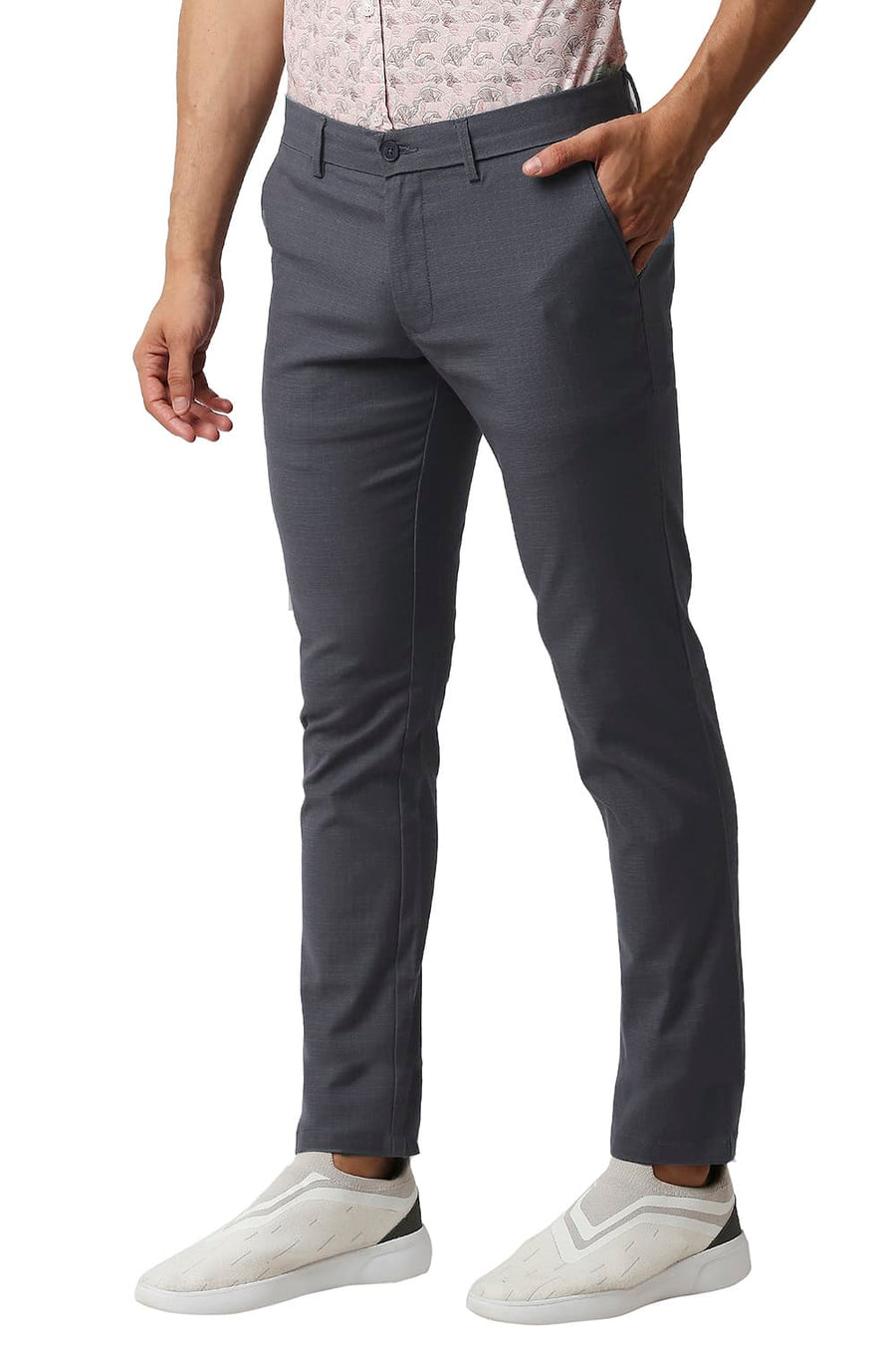 BASICS TAPERED FIT FLINTSTONE BLUE STRETCH CHECKS TROUSERS