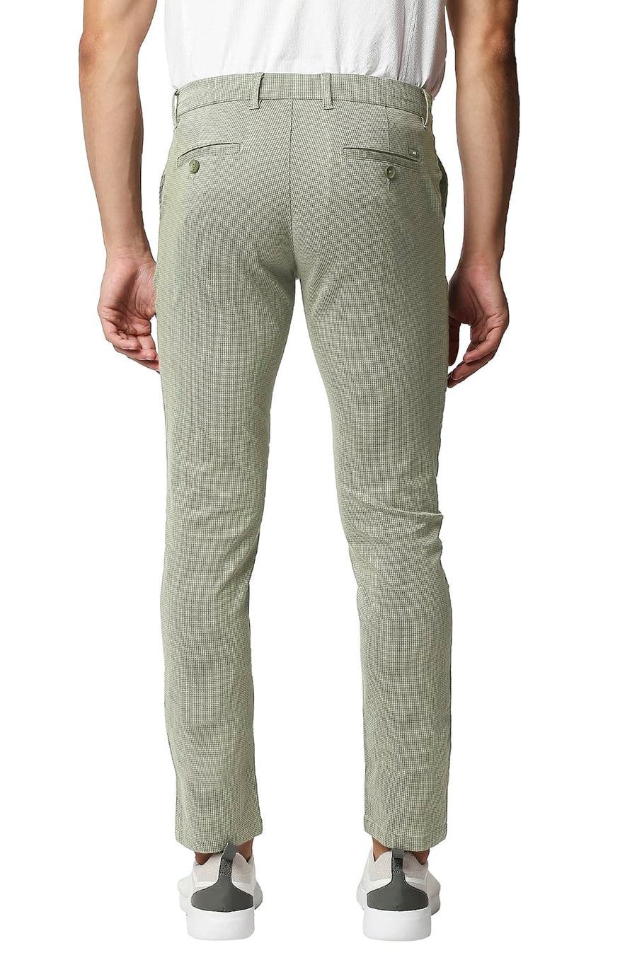 BASICS TAPERED FIT LICHEN GREEN STRETCH PRINTED TROUSERS