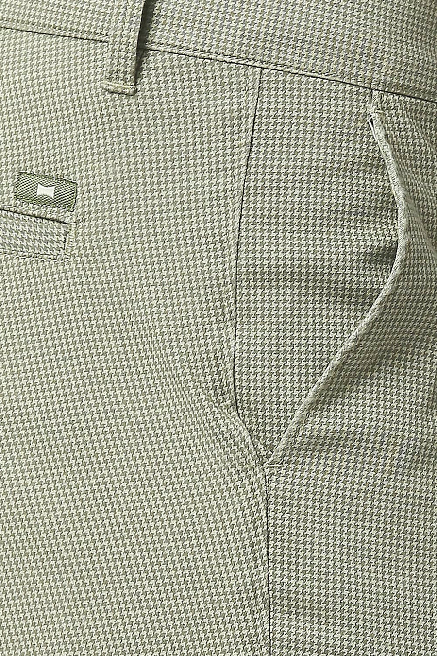 BASICS TAPERED FIT LICHEN GREEN STRETCH PRINTED TROUSERS