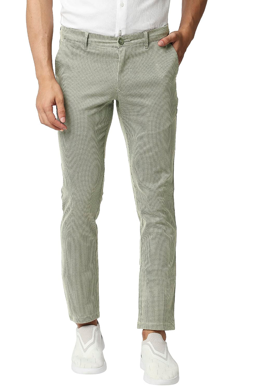 BASICS TAPERED FIT LICHEN GREEN STRETCH PRINTED TROUSERS