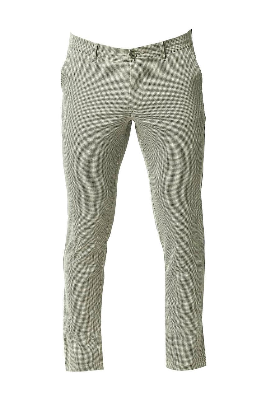 BASICS TAPERED FIT LICHEN GREEN STRETCH PRINTED TROUSERS