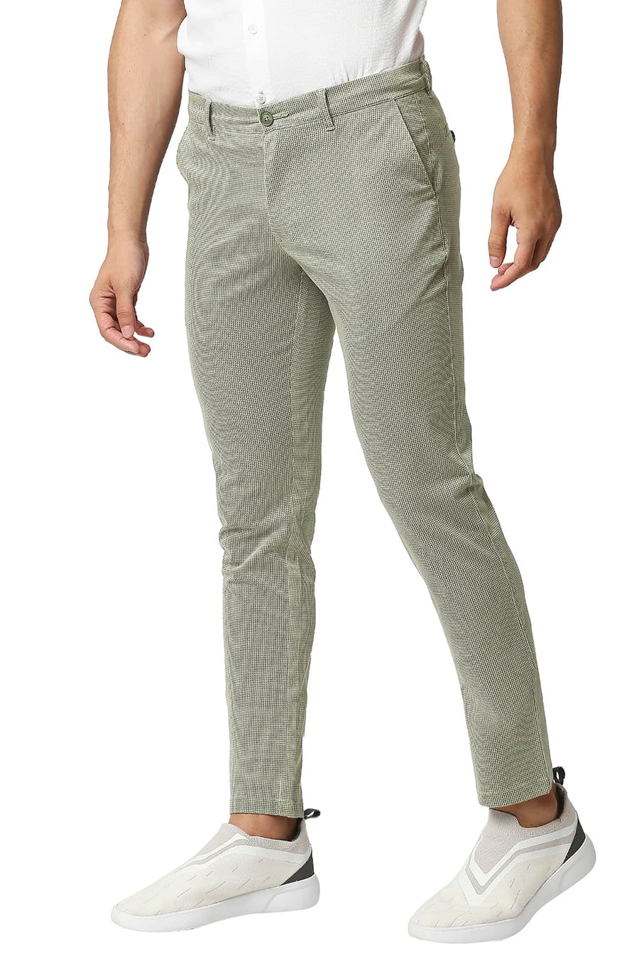 BASICS TAPERED FIT LICHEN GREEN STRETCH PRINTED TROUSERS