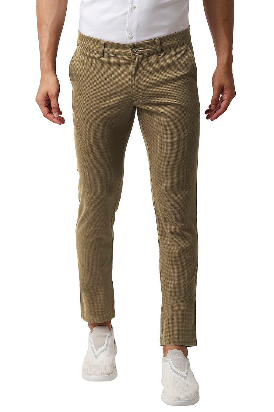 BASICS TAPERED FIT SEPIA BROWN STRETCH PRINTED TROUSERS