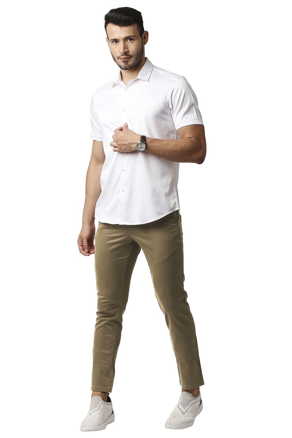 BASICS TAPERED FIT STRETCH PRINTED TROUSERS