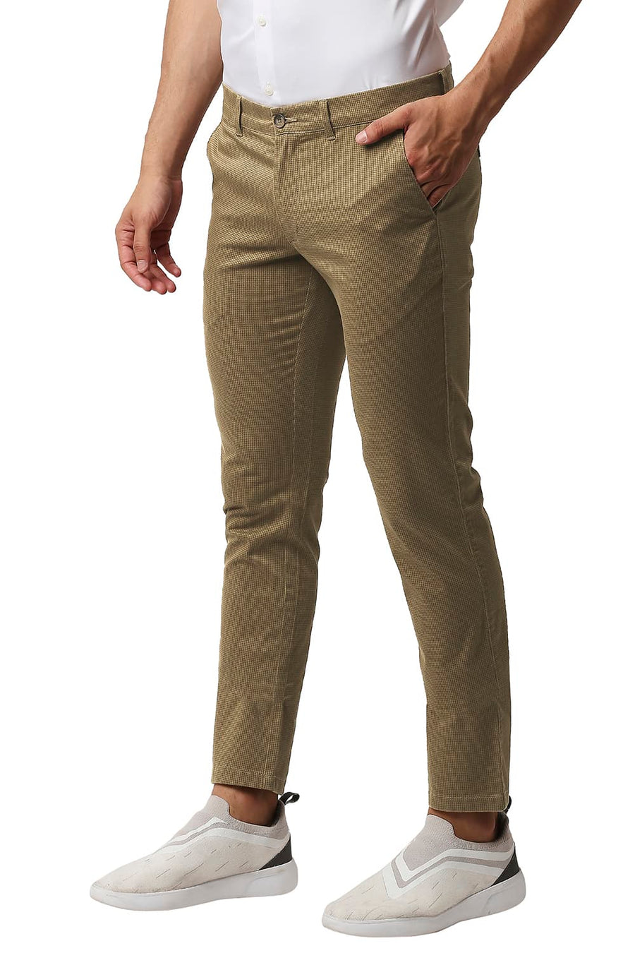 BASICS TAPERED FIT SEPIA BROWN STRETCH PRINTED TROUSERS