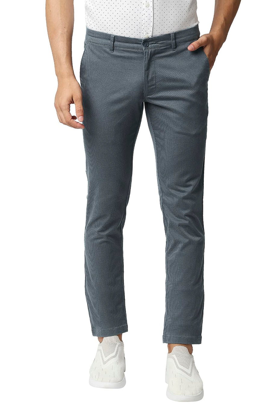 BASICS TAPERED FIT SEA STORM BLUE STRETCH PRINTED TROUSERS