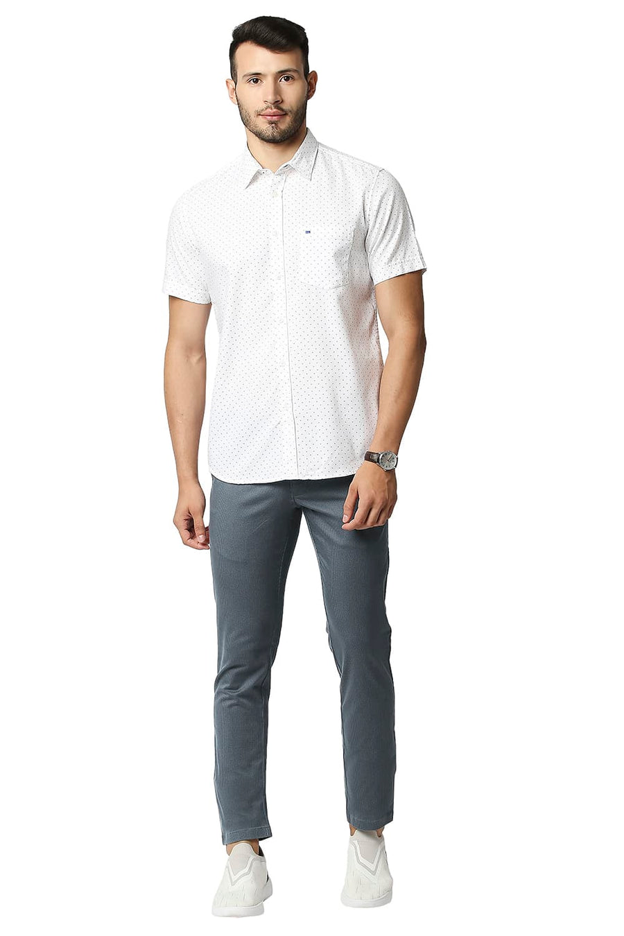 BASICS TAPERED FIT SEA STORM BLUE STRETCH PRINTED TROUSERS