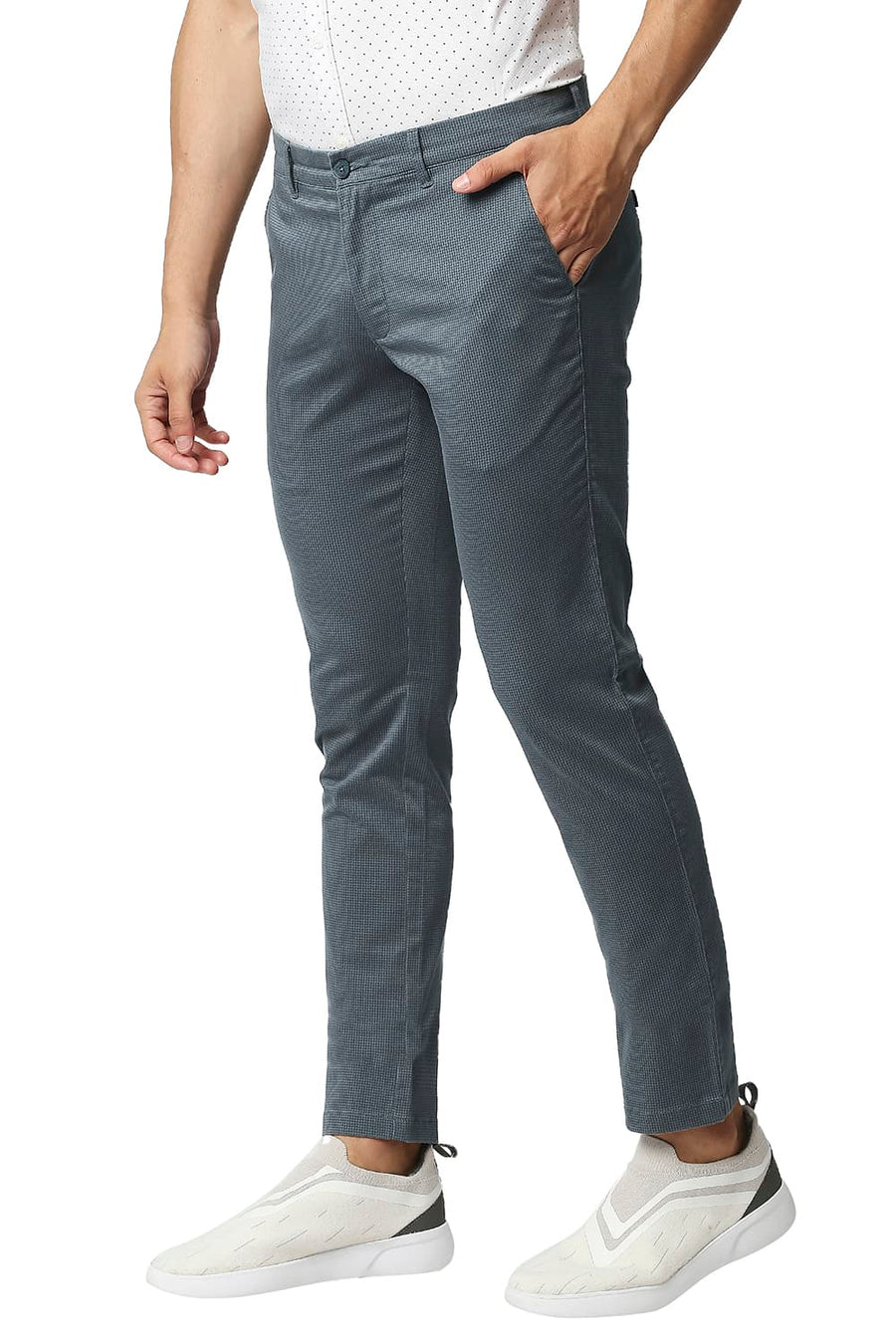 BASICS TAPERED FIT SEA STORM BLUE STRETCH PRINTED TROUSERS