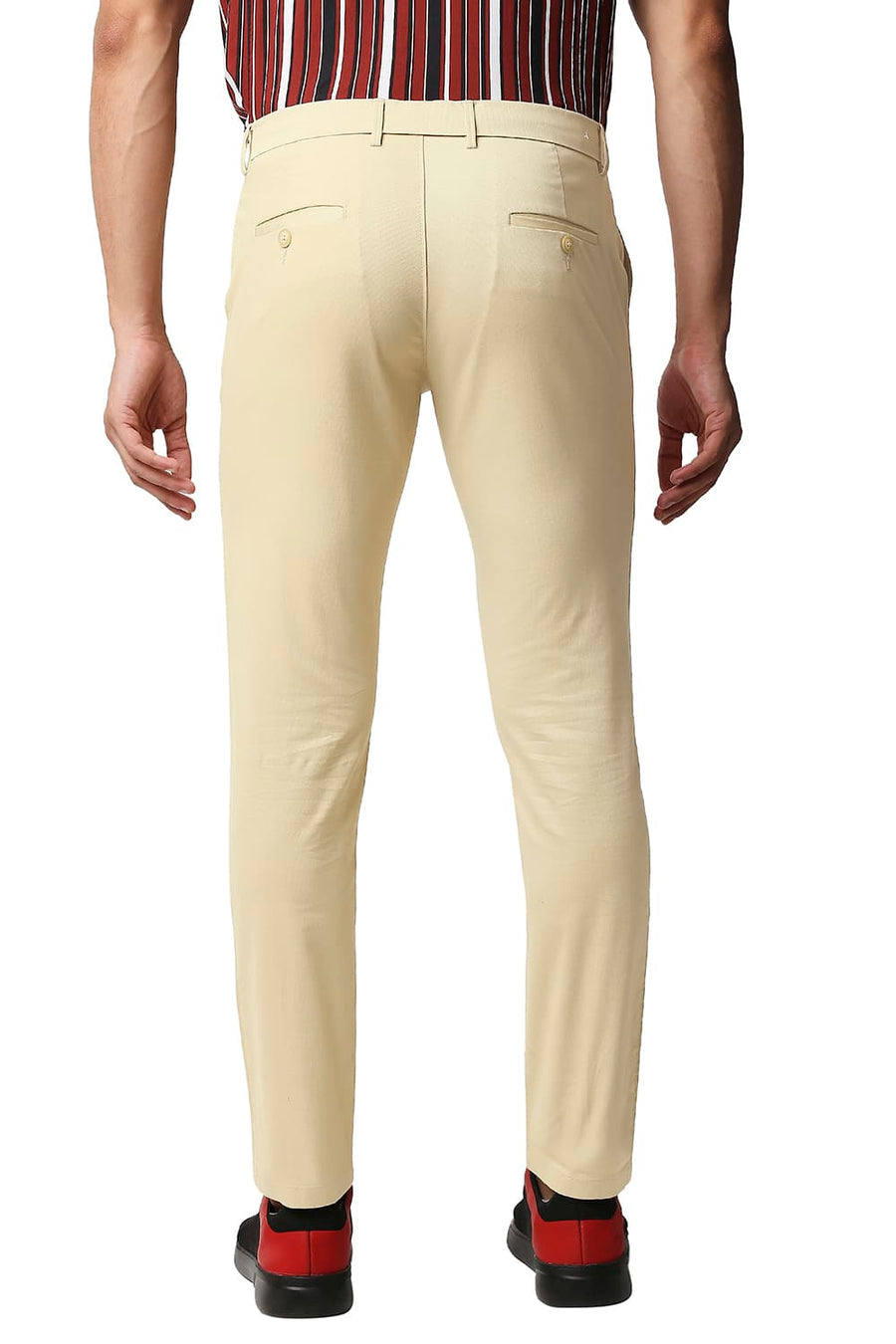 BASICS TAPERED FIT SOYBEAN KHAKHI COTTON STRETCH TROUSERS
