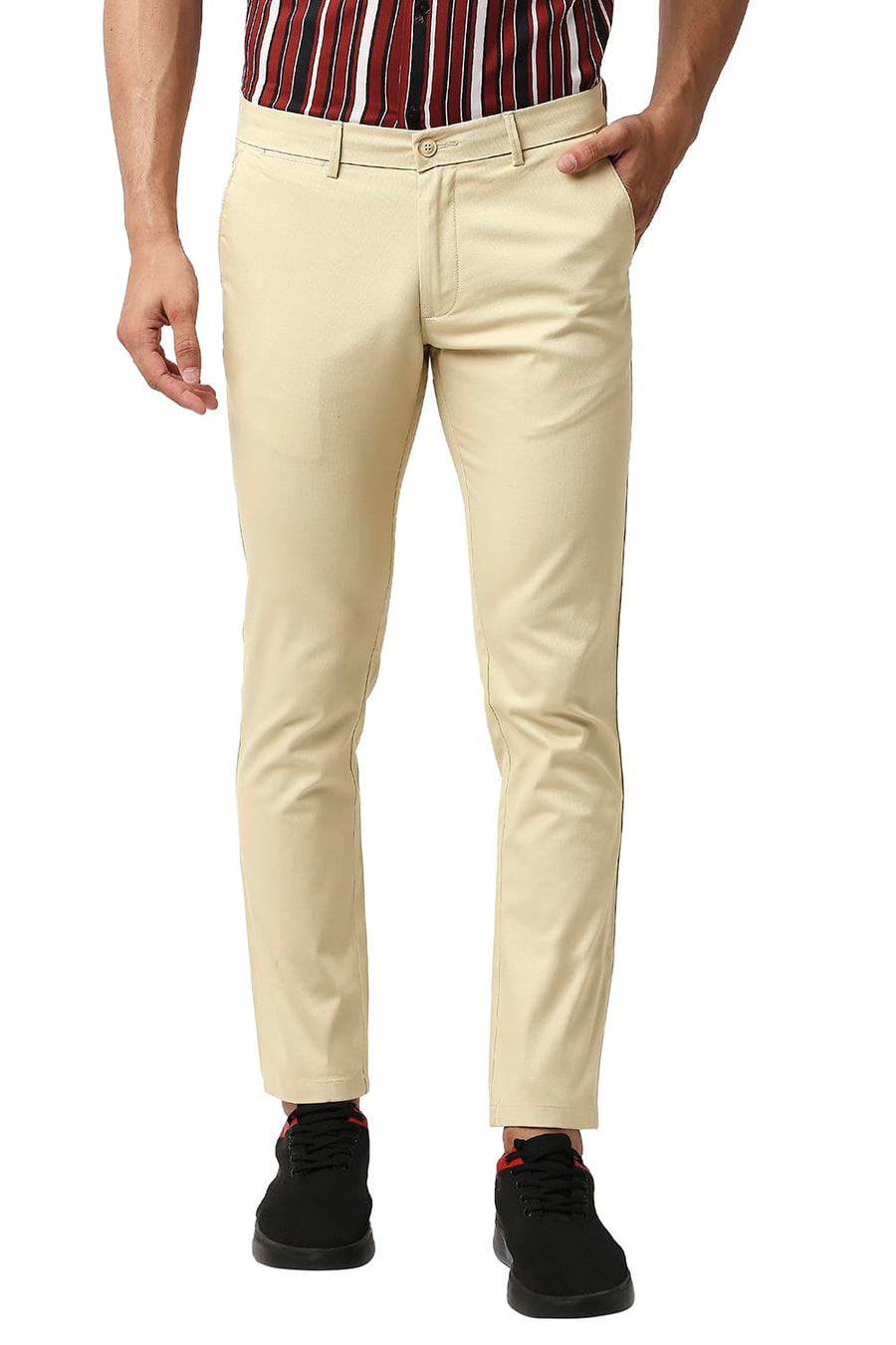 BASICS TAPERED FIT SOYBEAN KHAKHI COTTON STRETCH TROUSERS