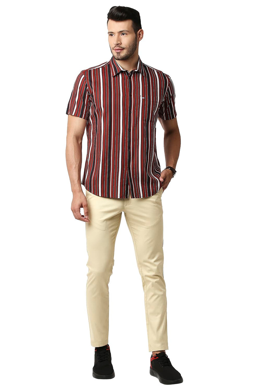 BASICS TAPERED FIT SOYBEAN KHAKHI COTTON STRETCH TROUSERS