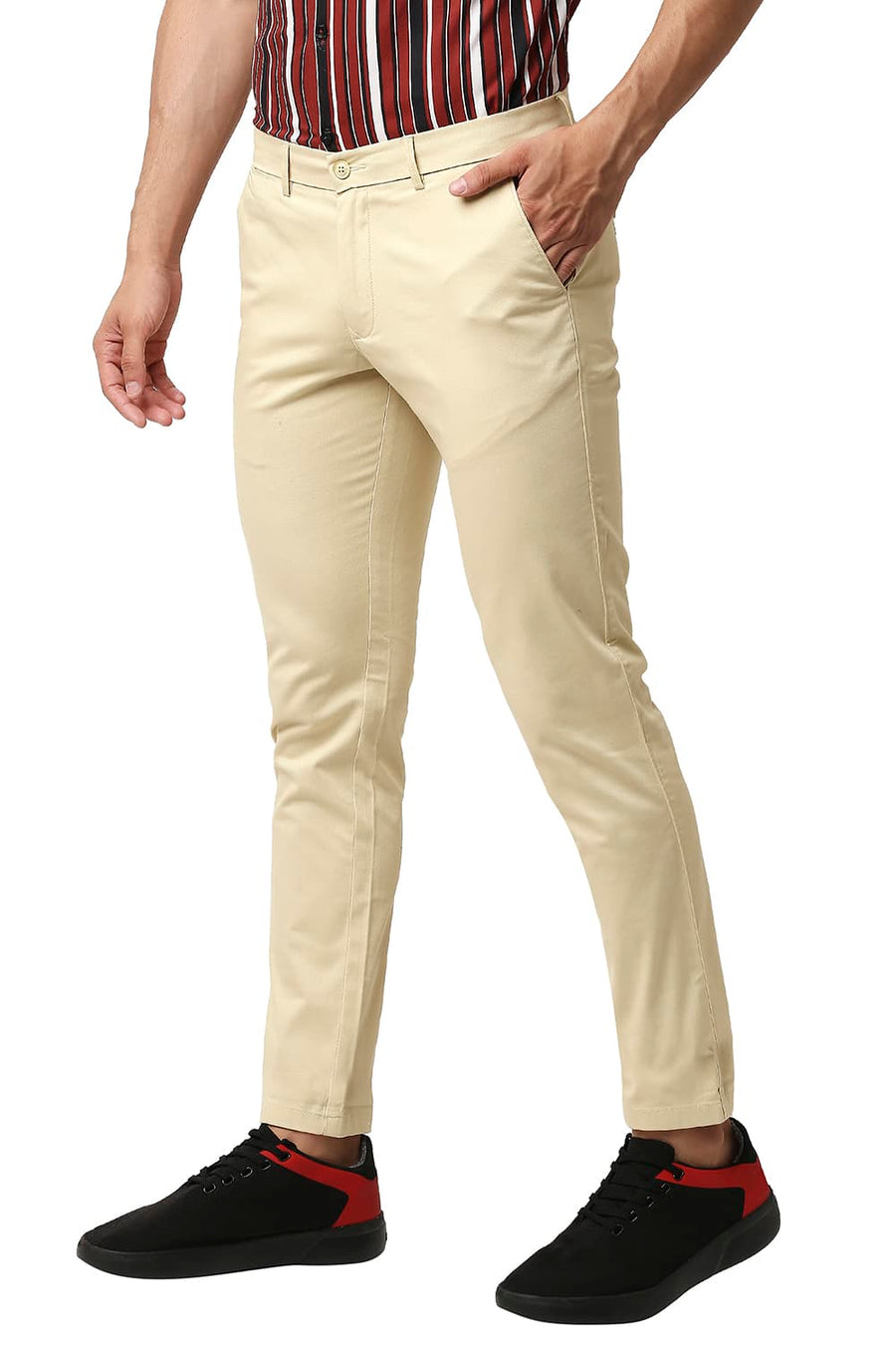 BASICS TAPERED FIT SOYBEAN KHAKHI COTTON STRETCH TROUSERS