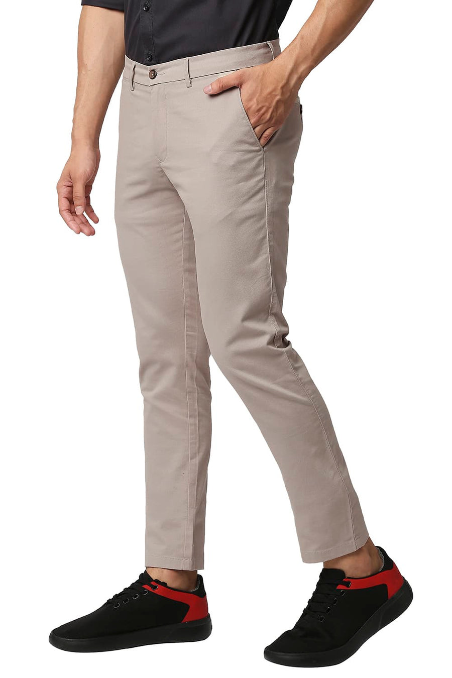 BASICS TAPERED FIT CROCKERY BROWN COTTON STRETCH TROUSERS
