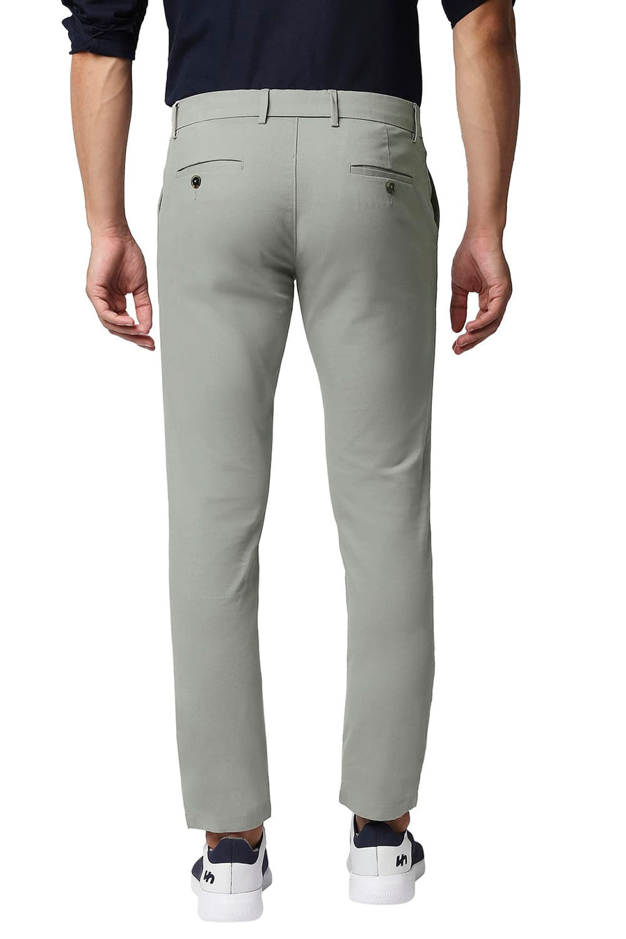 BASICS TAPERED FIT FOG GREEN COTTON STRETCH TROUSERS