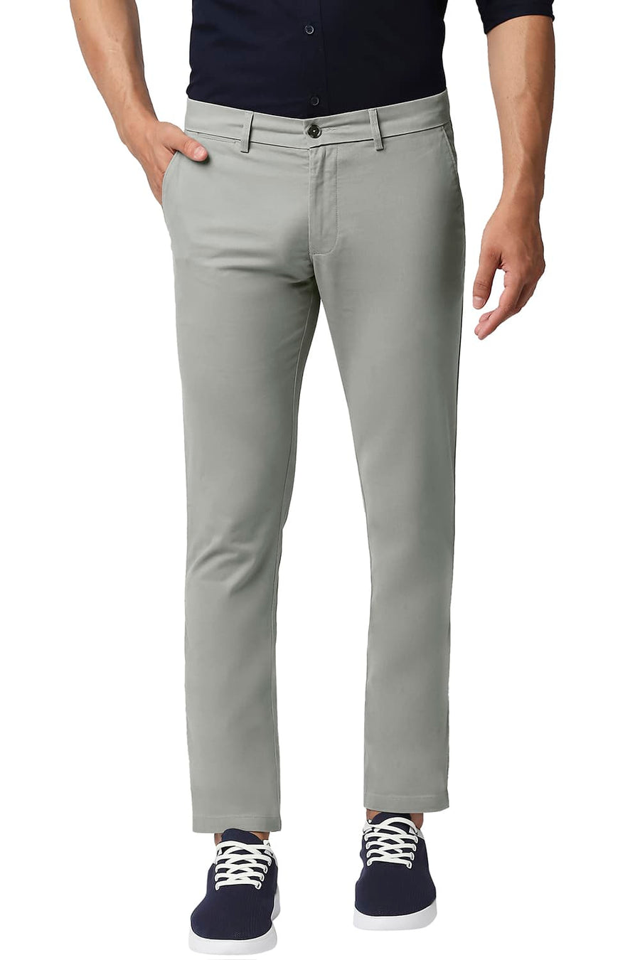 BASICS TAPERED FIT FOG GREEN COTTON STRETCH TROUSERS