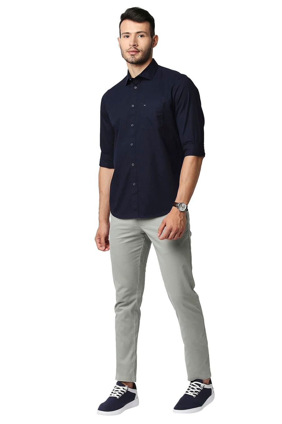BASICS TAPERED FIT FOG GREEN COTTON STRETCH TROUSERS