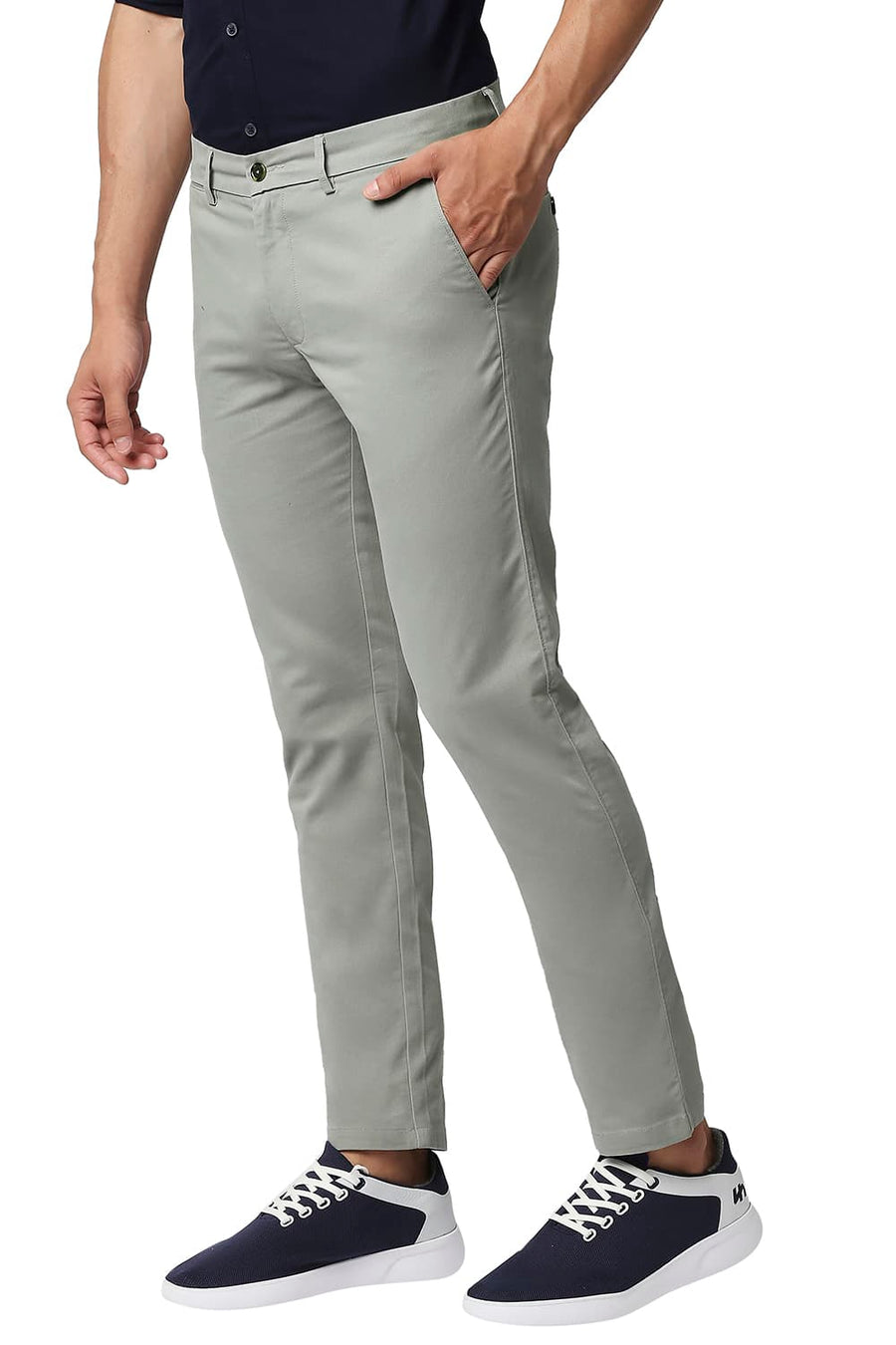 BASICS TAPERED FIT FOG GREEN COTTON STRETCH TROUSERS