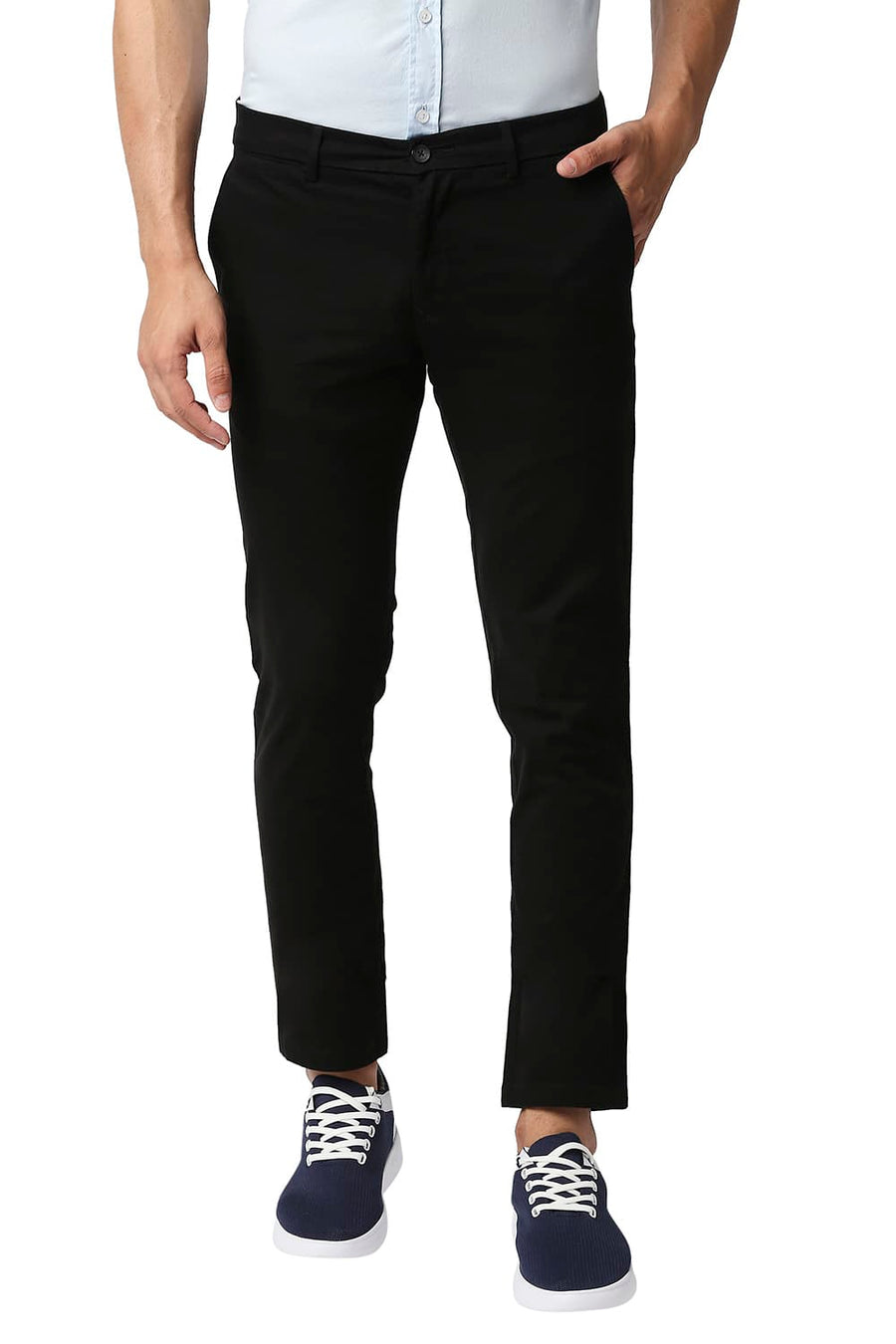 BASICS TAPERED FIT BELUGA BLACK COTTON STRETCH TROUSERS