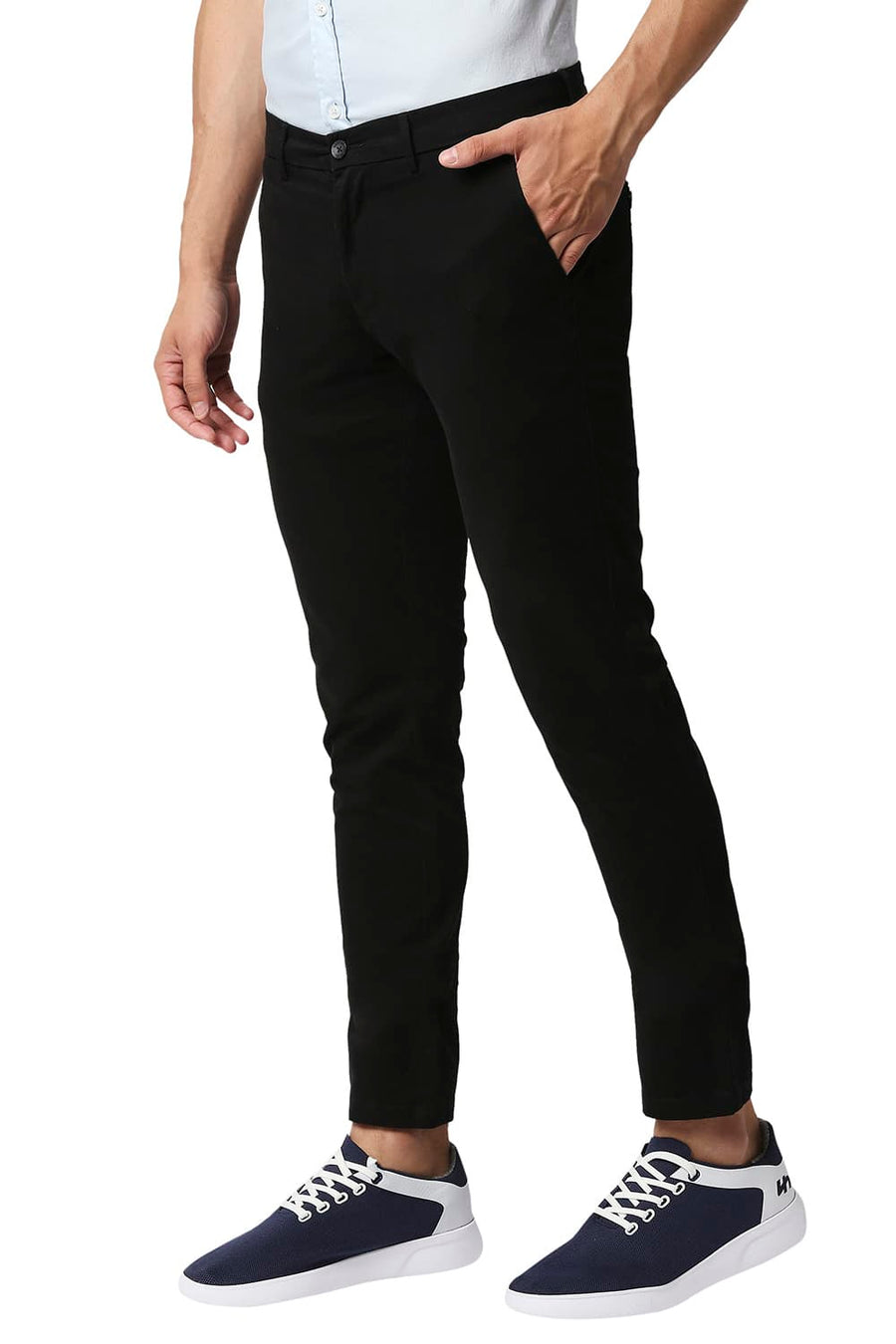 BASICS TAPERED FIT BELUGA BLACK COTTON STRETCH TROUSERS