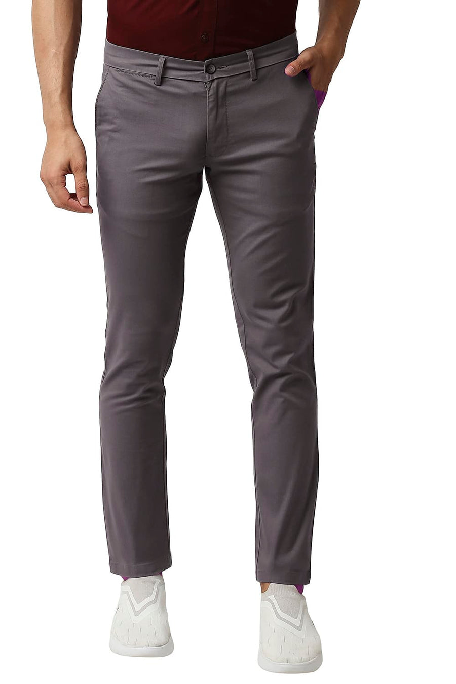 BASICS TAPERED FIT BRUSHED NICKEL GREY COTTON STRETCH TROUSERS