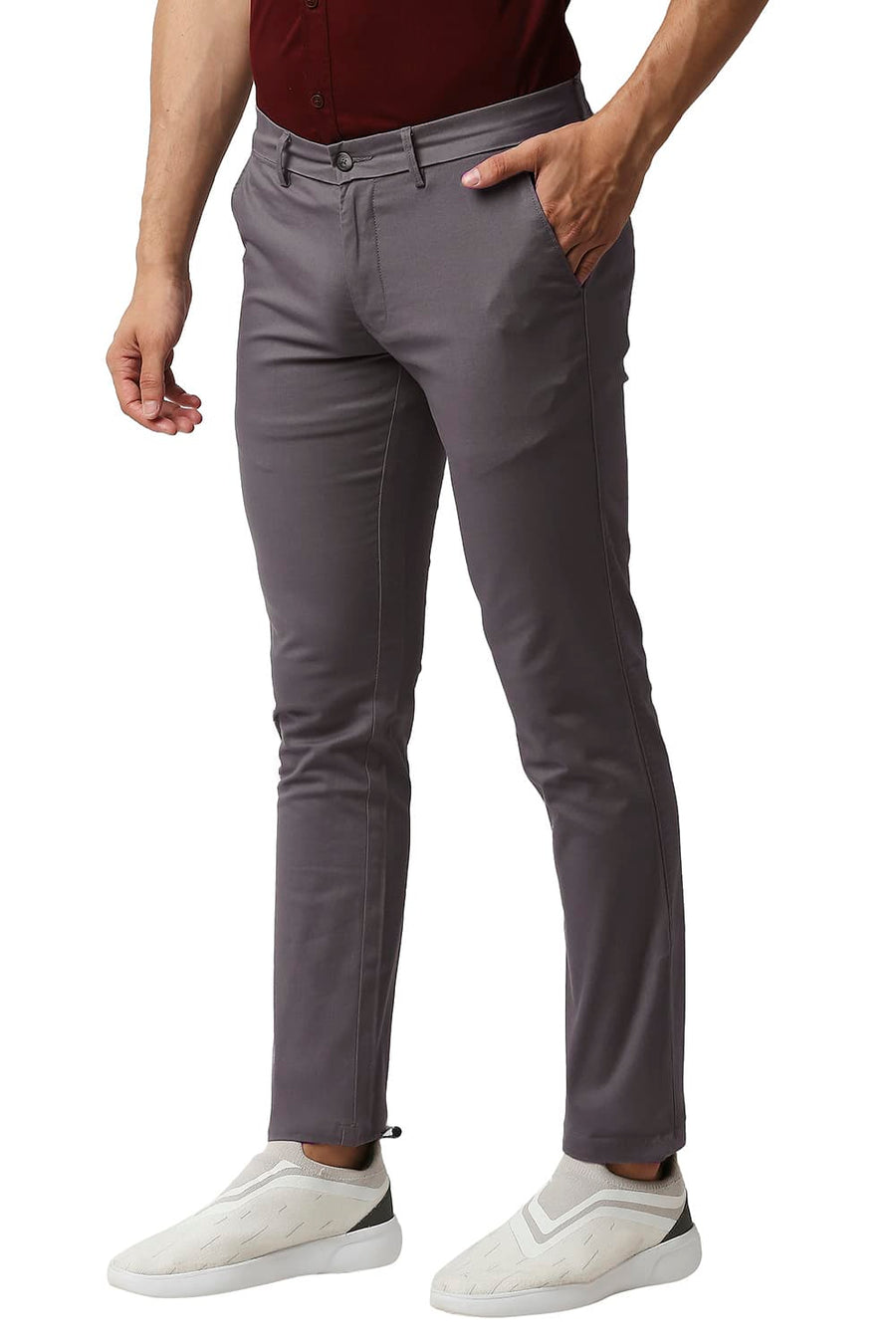 BASICS TAPERED FIT BRUSHED NICKEL GREY COTTON STRETCH TROUSERS