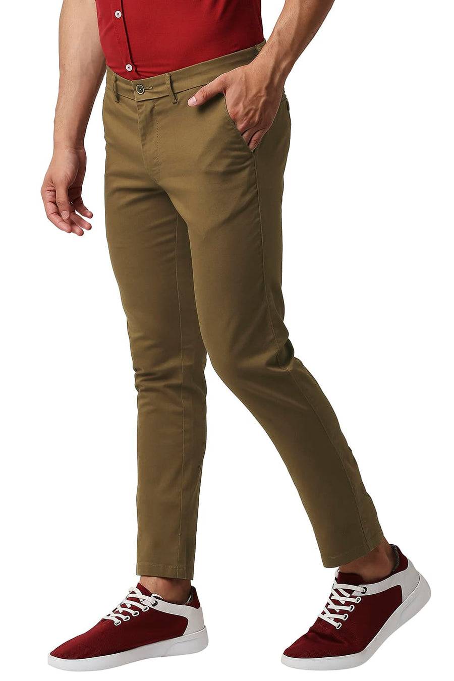 BASICS TAPERED FIT OTTER BROWN COTTON STRETCH TROUSERS